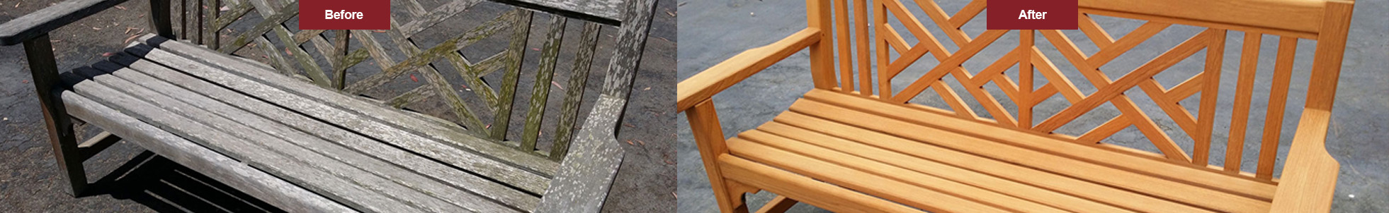 Before and after teak bench refinishing