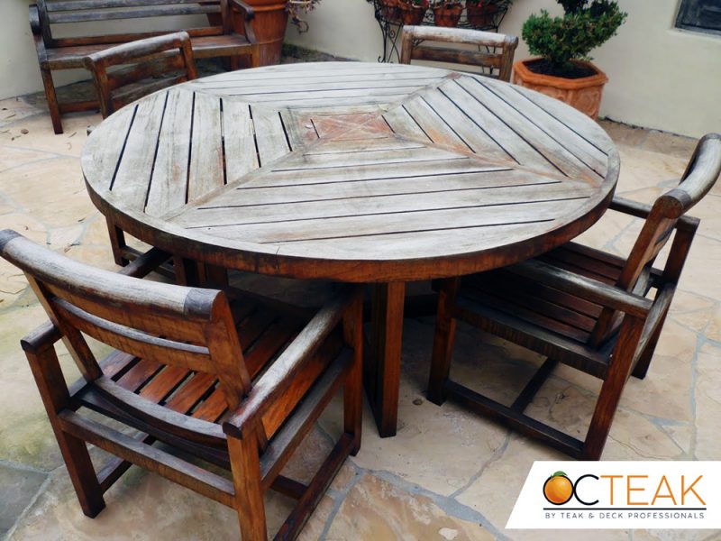 Outdoor teak furniture set before refinishing Orange County OC Teak