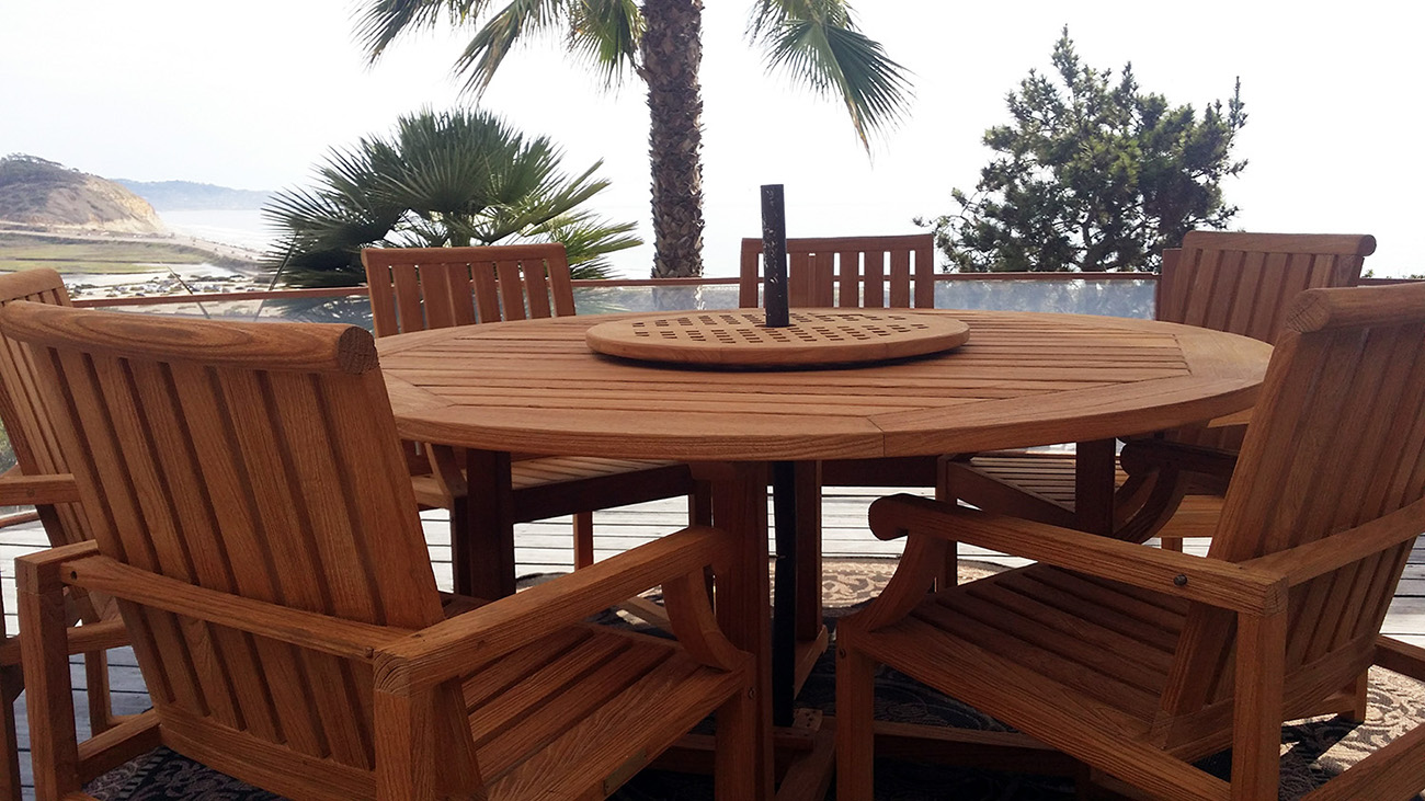 San Clemente outdoor teak table set restored | OC Teak