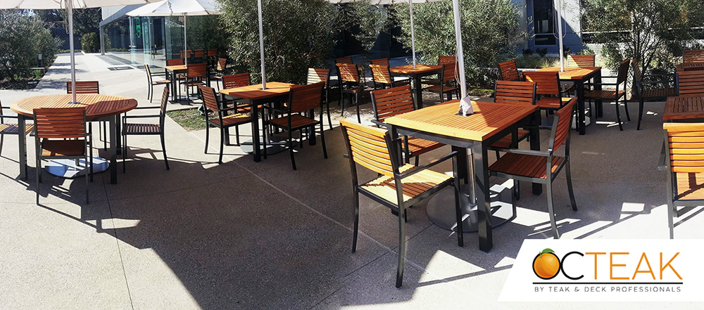 Commercial teak patio table set restoration | OC Teak