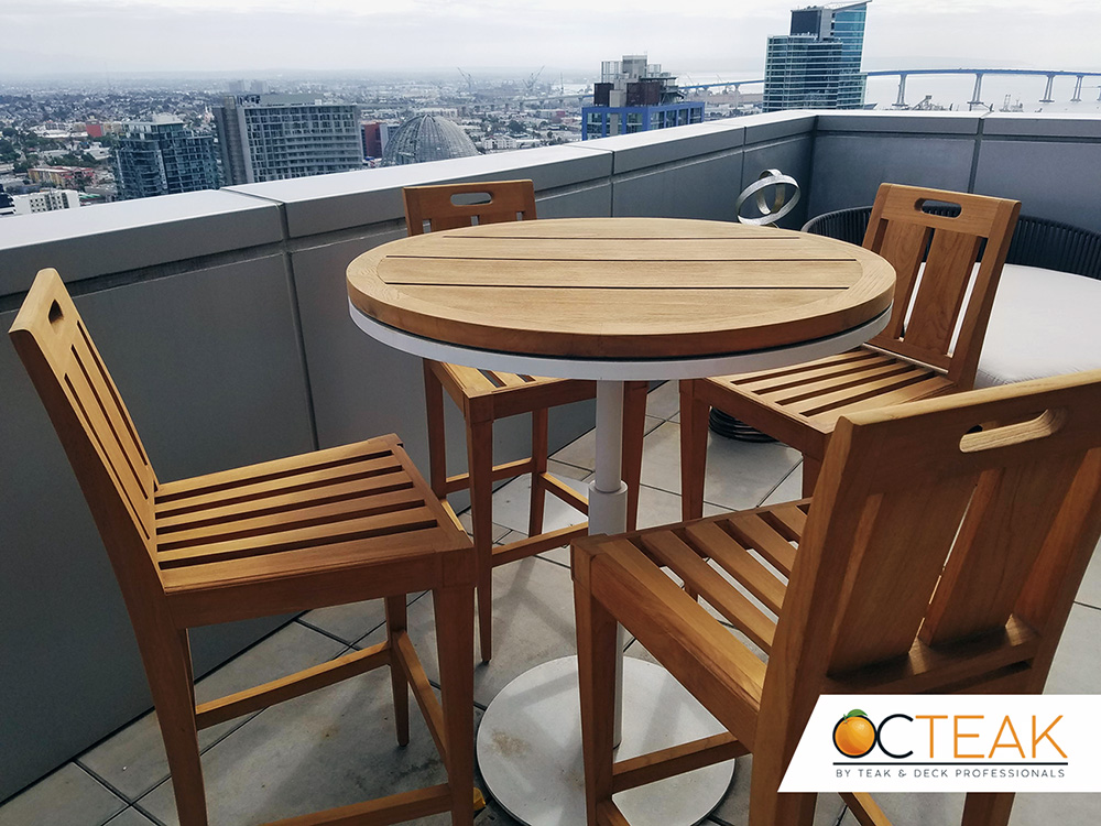 Four chairs and teak table refinish in Brea | OC Teak